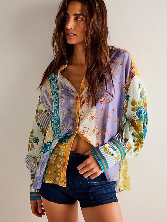Free People Tops - Free People Patchwork Floral Button-Down Shirt in Lavender, Yellow & Teal